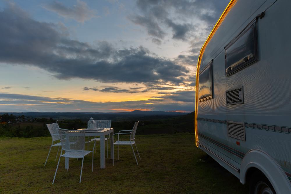 Touring caravan at dusk